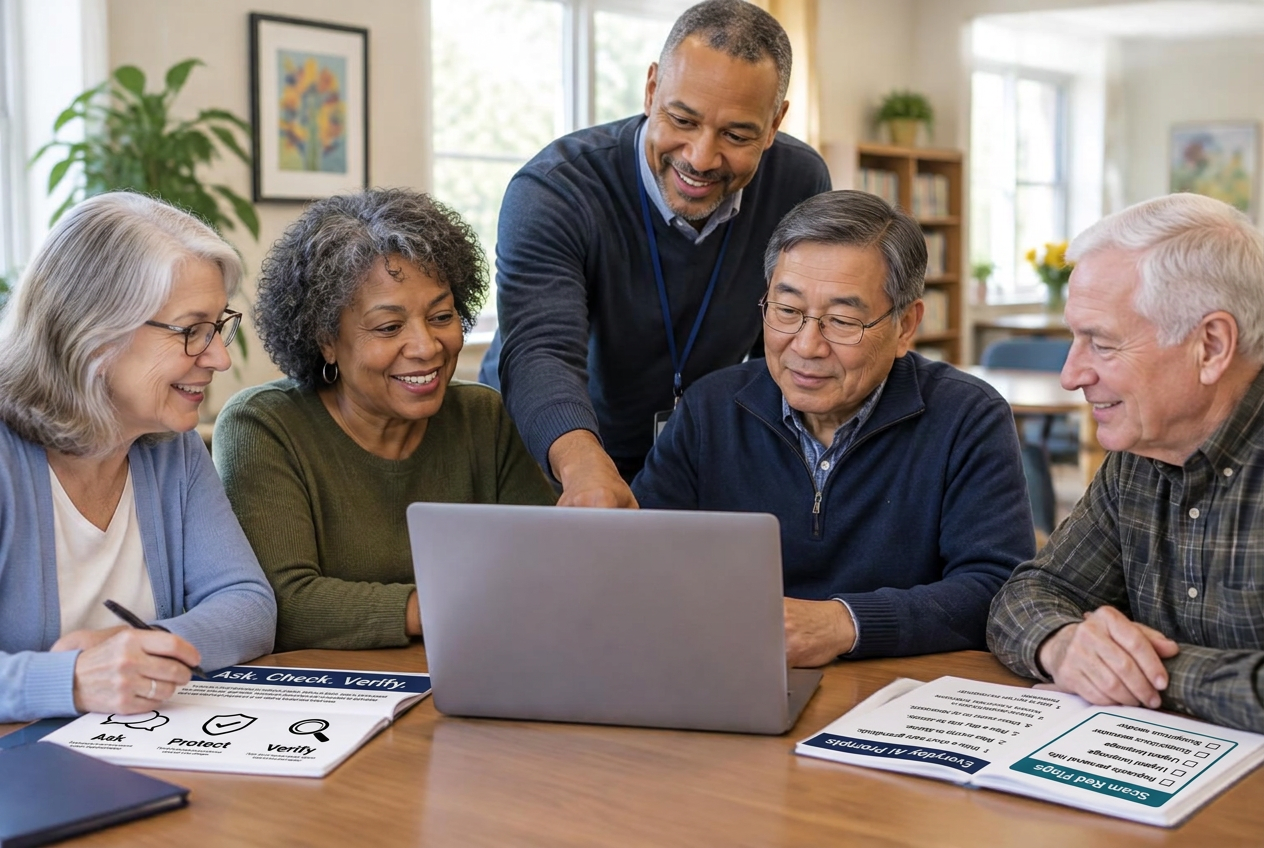 A facilitator leading a small group of older adults through large-print AI handouts