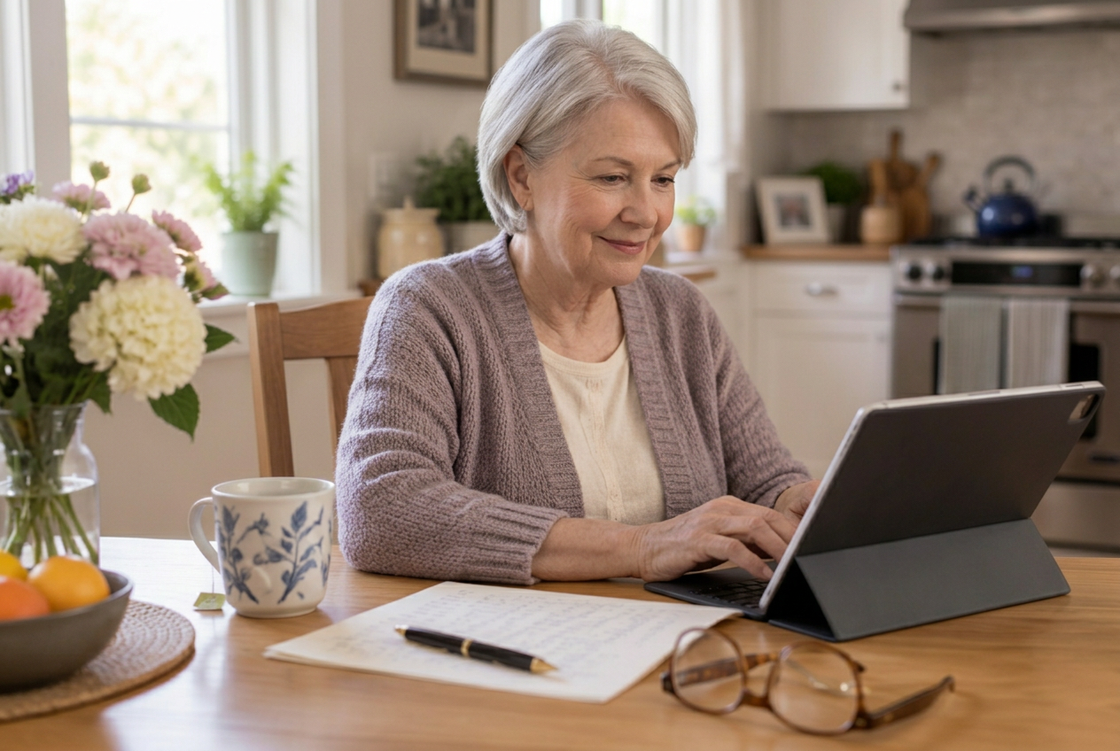An older woman using a tablet at her kitchen table while writing a family letter
