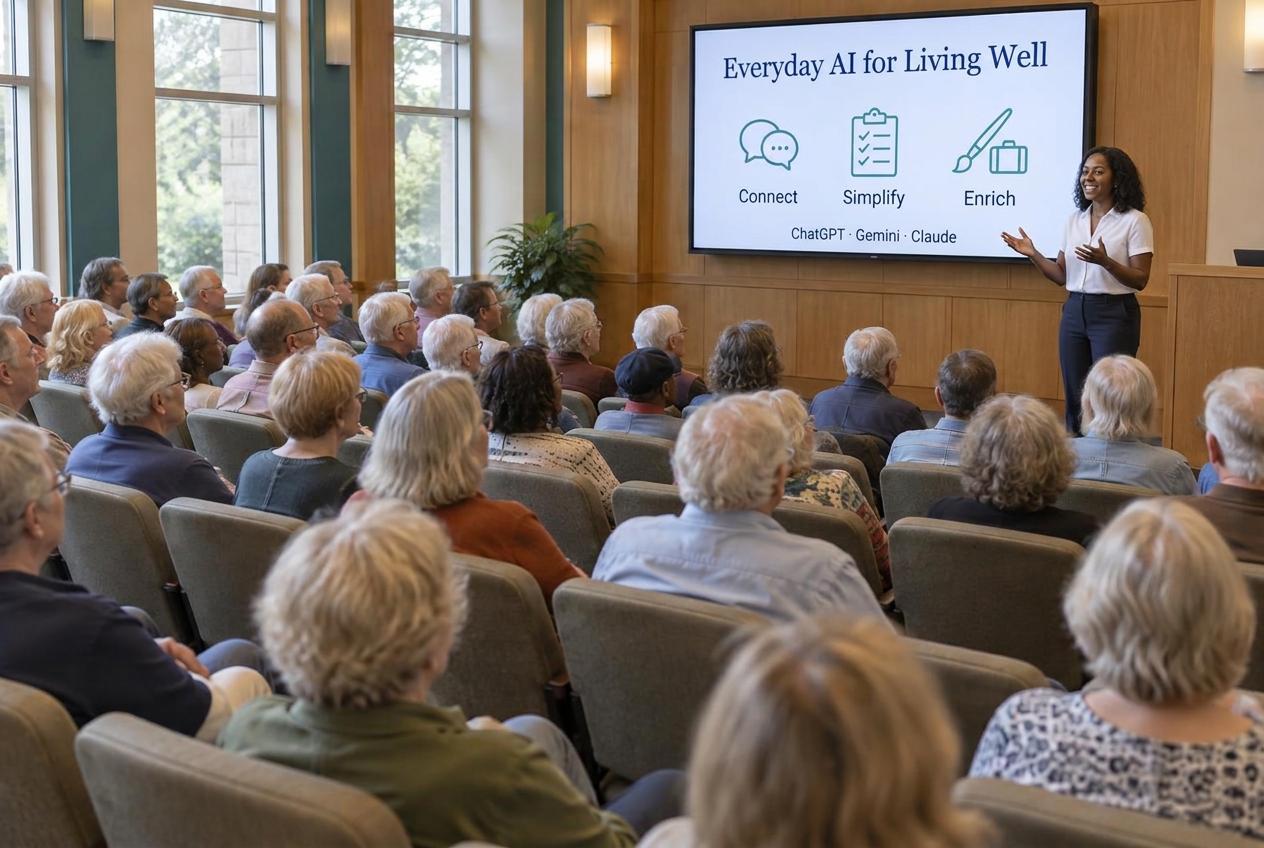 Diverse older adults attending an AI and digital safety seminar in a community auditorium