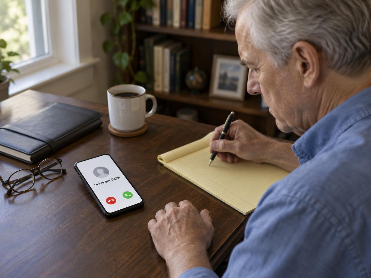An older man looking down at an unknown caller on the phone lying on his desk