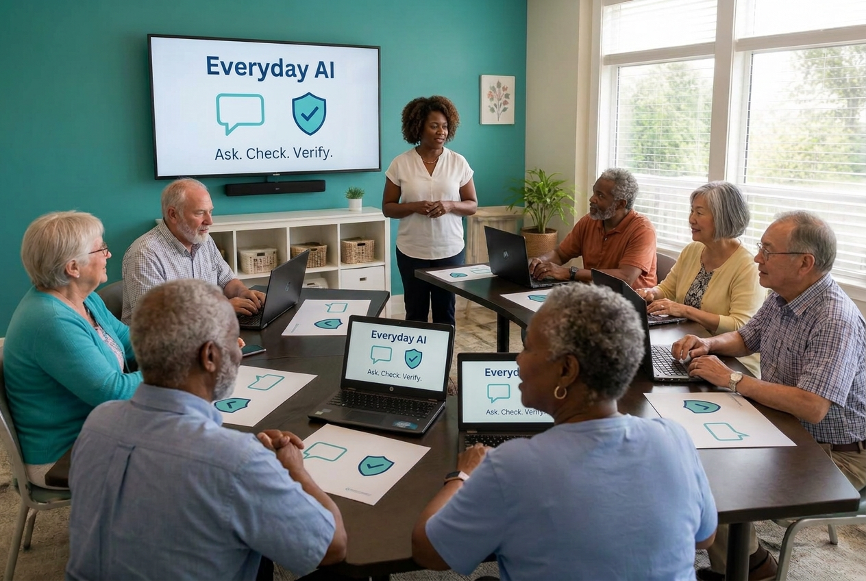 A small group of older adults in a workshop with laptops and printed handouts